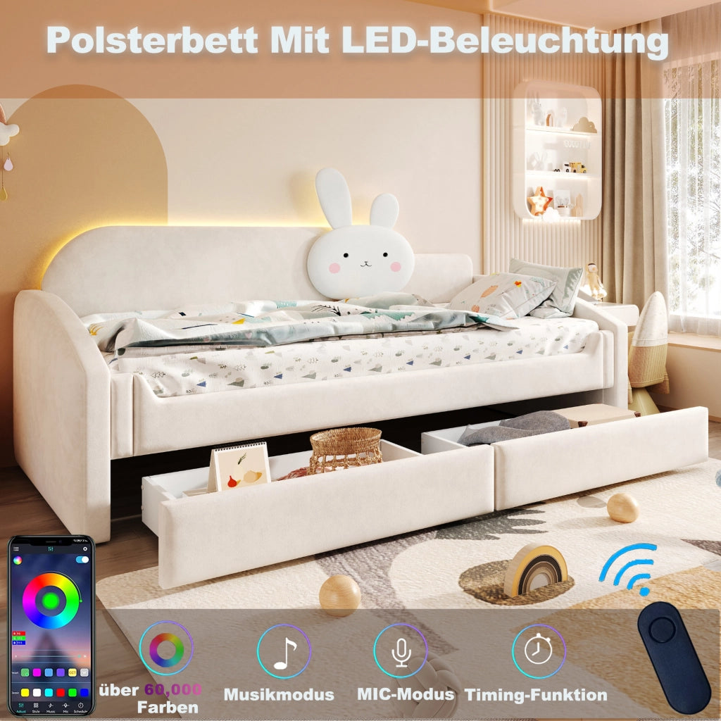DESMIU Letto bambino 90 × 200 cm con LED, 2 cassetti, senza materasso, in velluto, beige