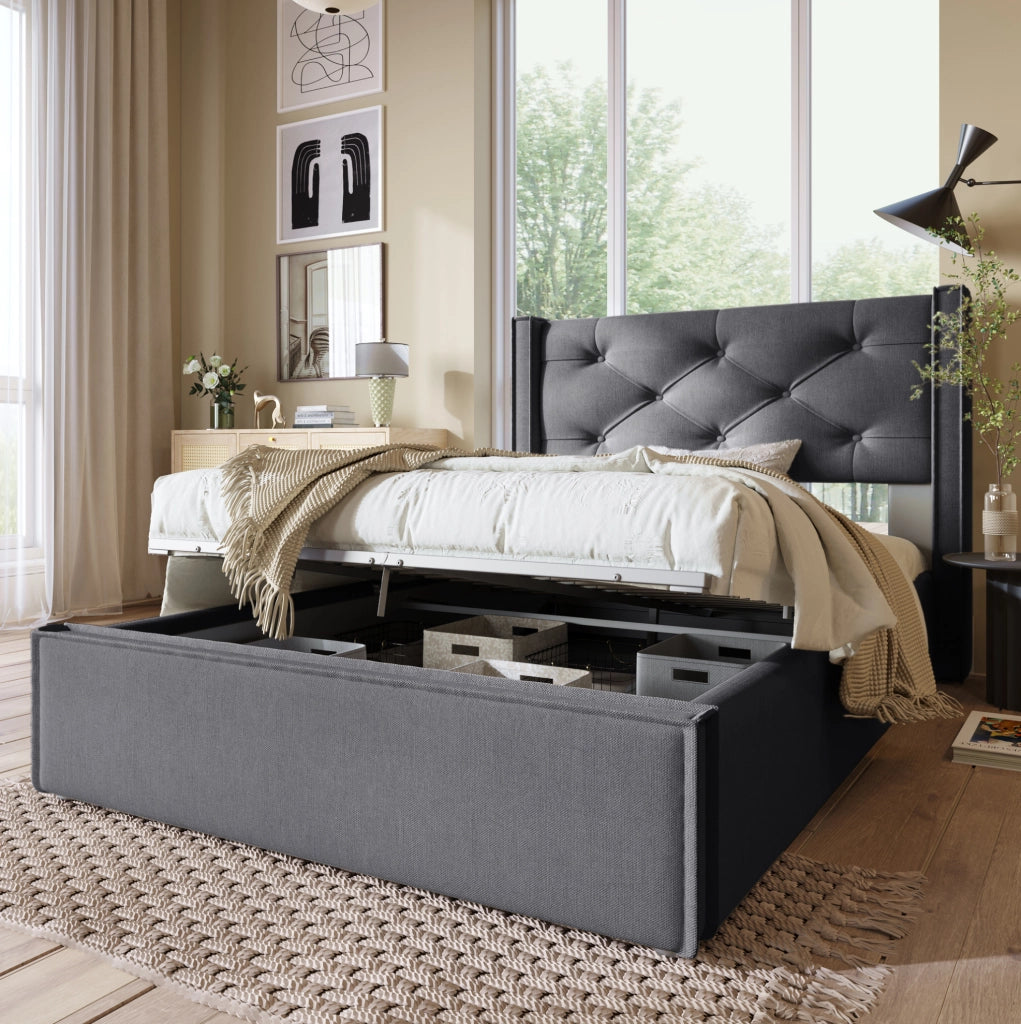 Letto imbottito 90x200 cm; con contenitore e rete sollevabile; cotone; grigio (Senza materasso)