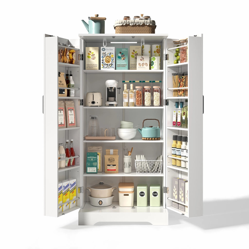 Credenza cucina compatta 60×35×128 cm bianca con luce LED sensore, ripiani regolabili e 1 collo