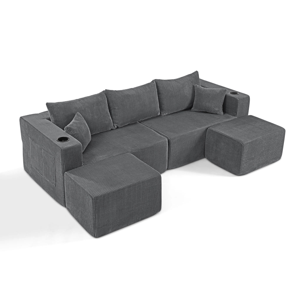 Divano angolare modulare 3 posti a L con 2 pouf mobili; tessuto effetto velluto a coste grigio