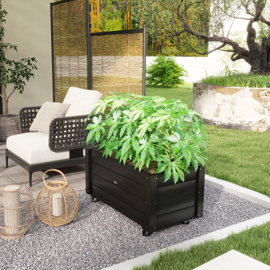 Fioriera da Giardino con Foro di Drenaggio e Rotelle, in Legno di Abete, 89x48x47 cm, Nera
