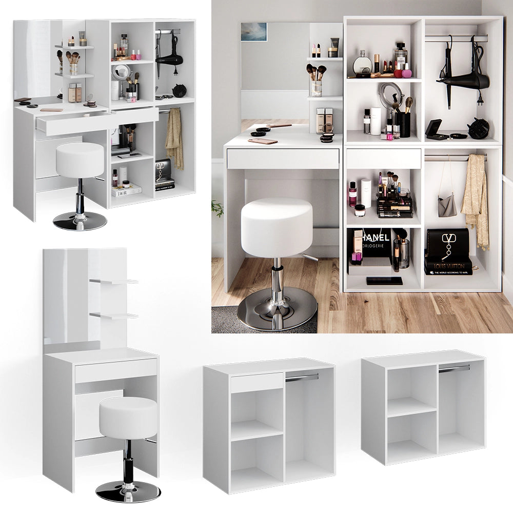 Vicco Tavolo da toeletta Bianco 140 cm con sgabello e armadio