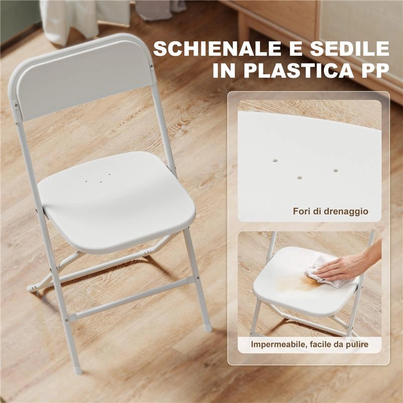 SET 4 SEDIE PIEGHEVOLI CON FORI DI DRENAGGIO IN PLASTICA E METALLO, 45X49X79.5 CM, BIANCO