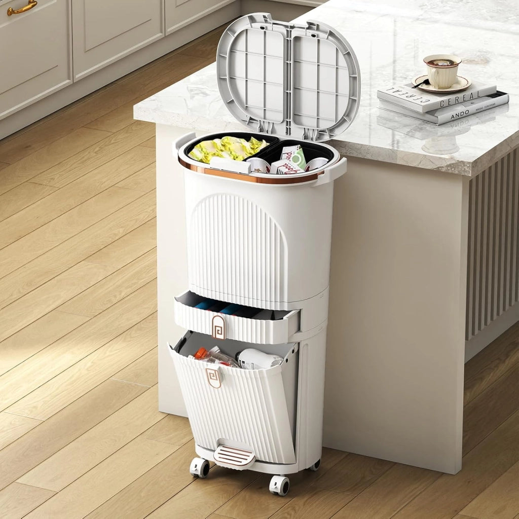 Pattumiera da Cucina 42 L, Pattumiera Verticale per il Riciclo con Ruote, 3 Contenitori Rimovibili, 1 Cassetto e Ganci, Contenitore in PP con Coperchi e Pedale, per Ufficio, Bagno (Bianco)