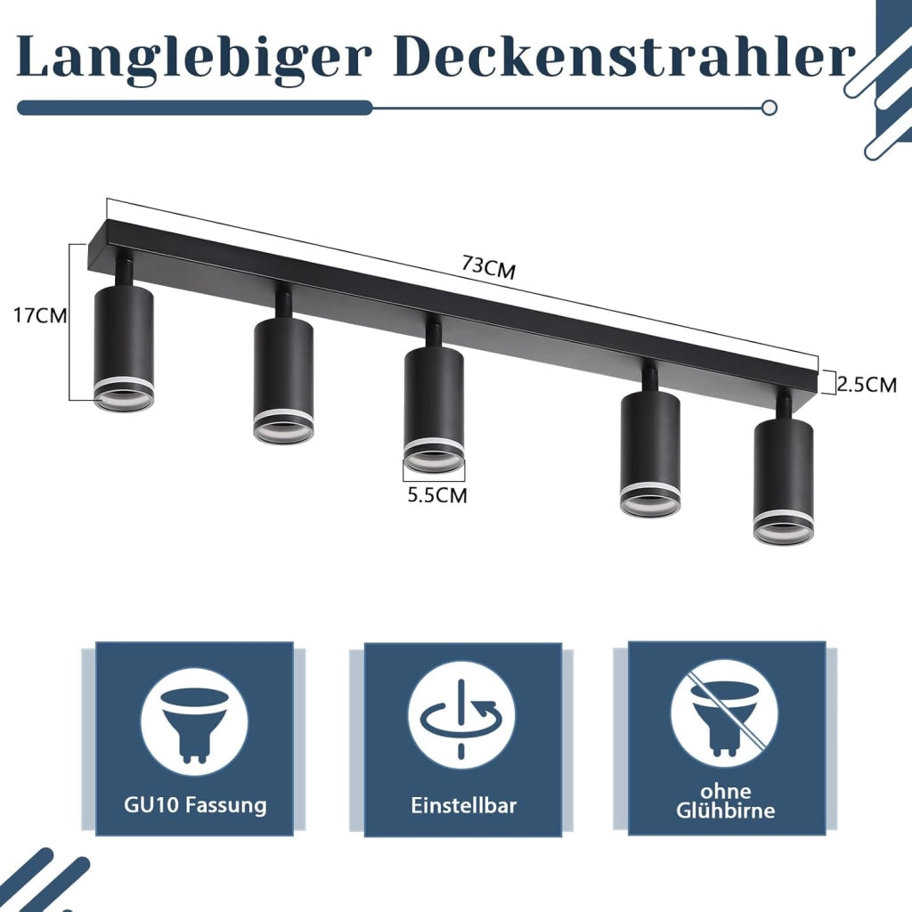 ZMH Faretto da soffitto Nero 5 Luci GU10 Orientabile da Interno in Metallo per Corridoio Soggiorno Senza Lampadine