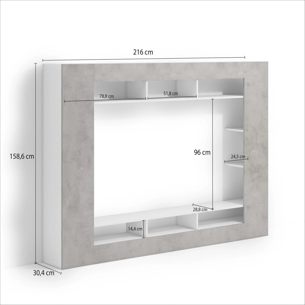 Mobile Soggiorno Sadali, Parete Attrezzata 7 Ripiani Made in Italy, 216x30.4x158.6h cm Grigio Cemento