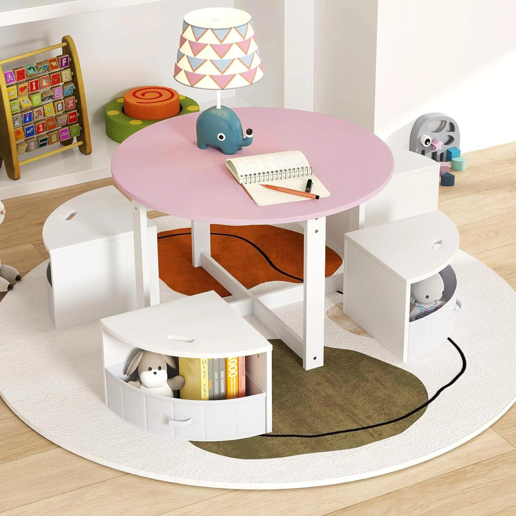 Set Tavolo e Sedie per Bambini a 5 Pezzi, Tavolino Rotondo Salvaspazio con 4 Sgabelli, Ripiano e 4 Cassetti in Tessuto, Set Mobili per Cameretta, Asilo e Disegnare (Rosa)
