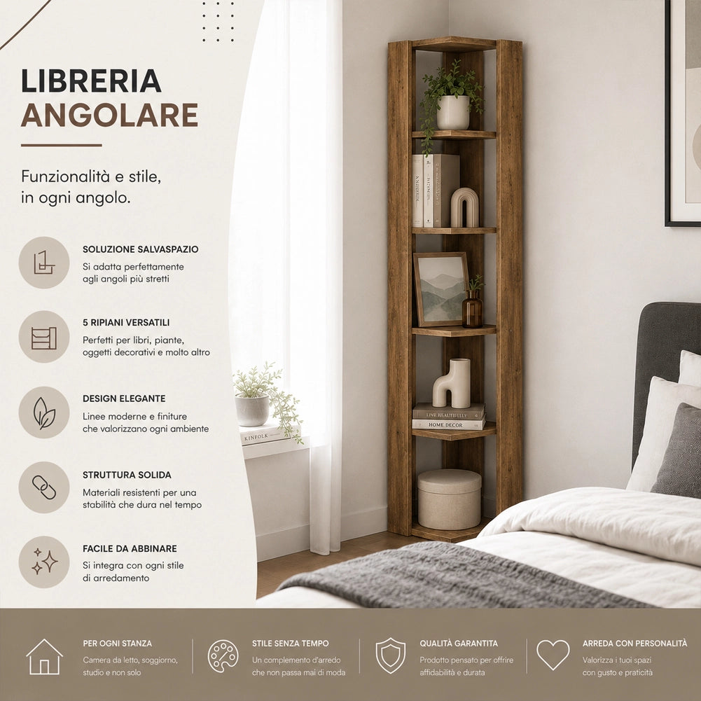 Libreria Angolare 34x34x161 cm Scaffale Salvaspazio 5 Ripiani in Legno Rovere