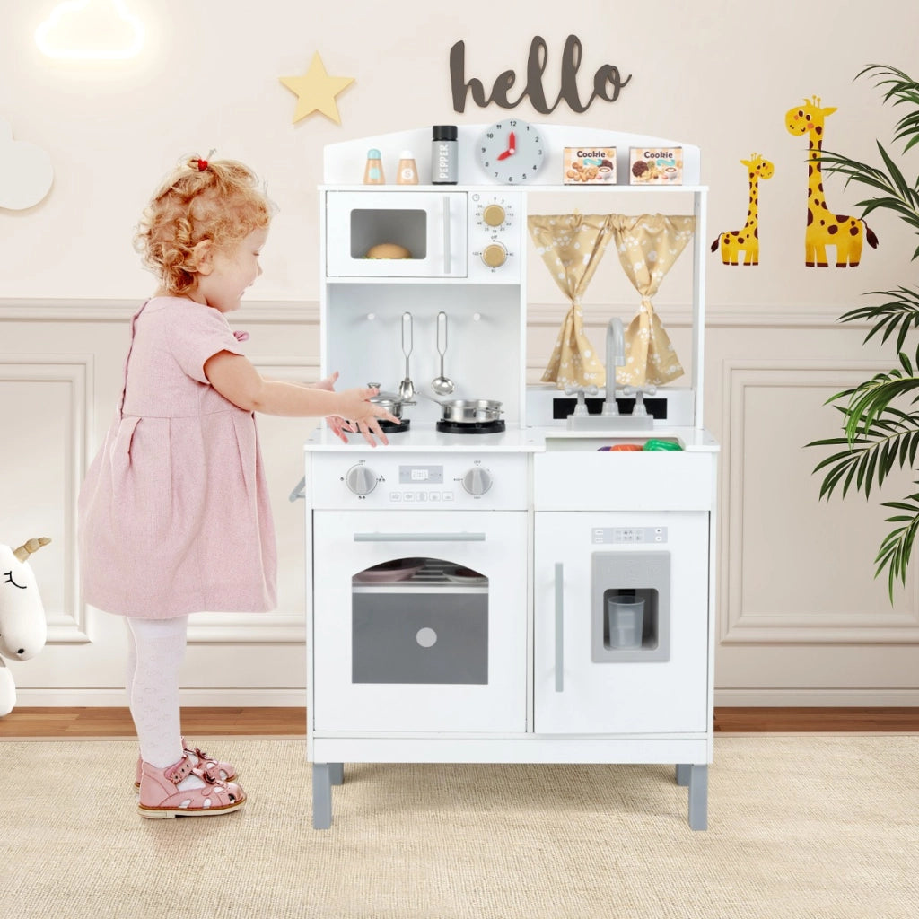 Set cucina finto in legno regolabile in altezza, Cucina giocattolo con tende per 3+ anni Bianco-Cucine giocattoli