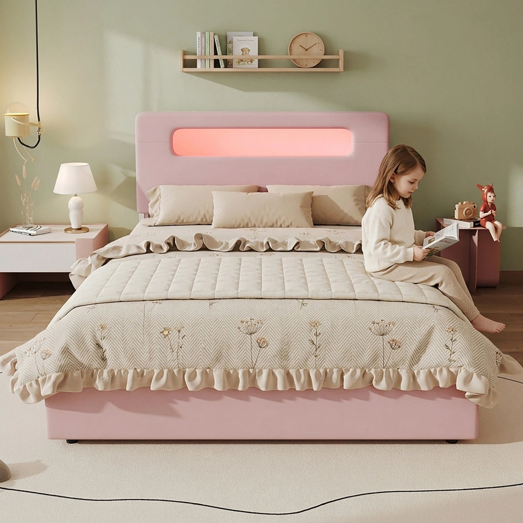 Letto imbottito rosa 140x200 cm con quattro cassetti laterali e LED; velluto