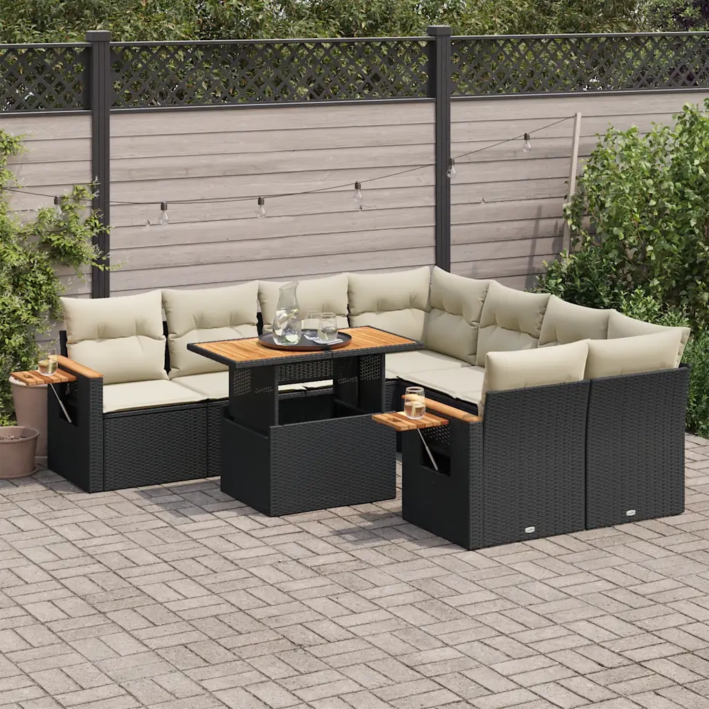 Set Divani da Giardino 9 pz con Cuscini Nero Polyrattan Acacia