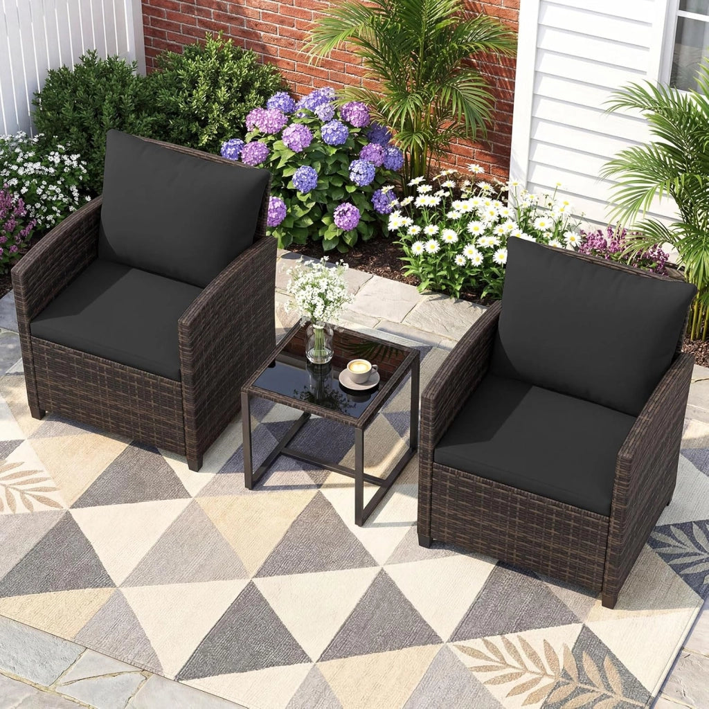Set Mobili da Giardino 3 Pezzi, Salotto da Esterno in Rattan PE con 2 Poltrone e 1 Tavolino in Vetro Temperato, Set da Conversazione con Cuscini Sfoderabili per Patio (Nero, Modello 5)