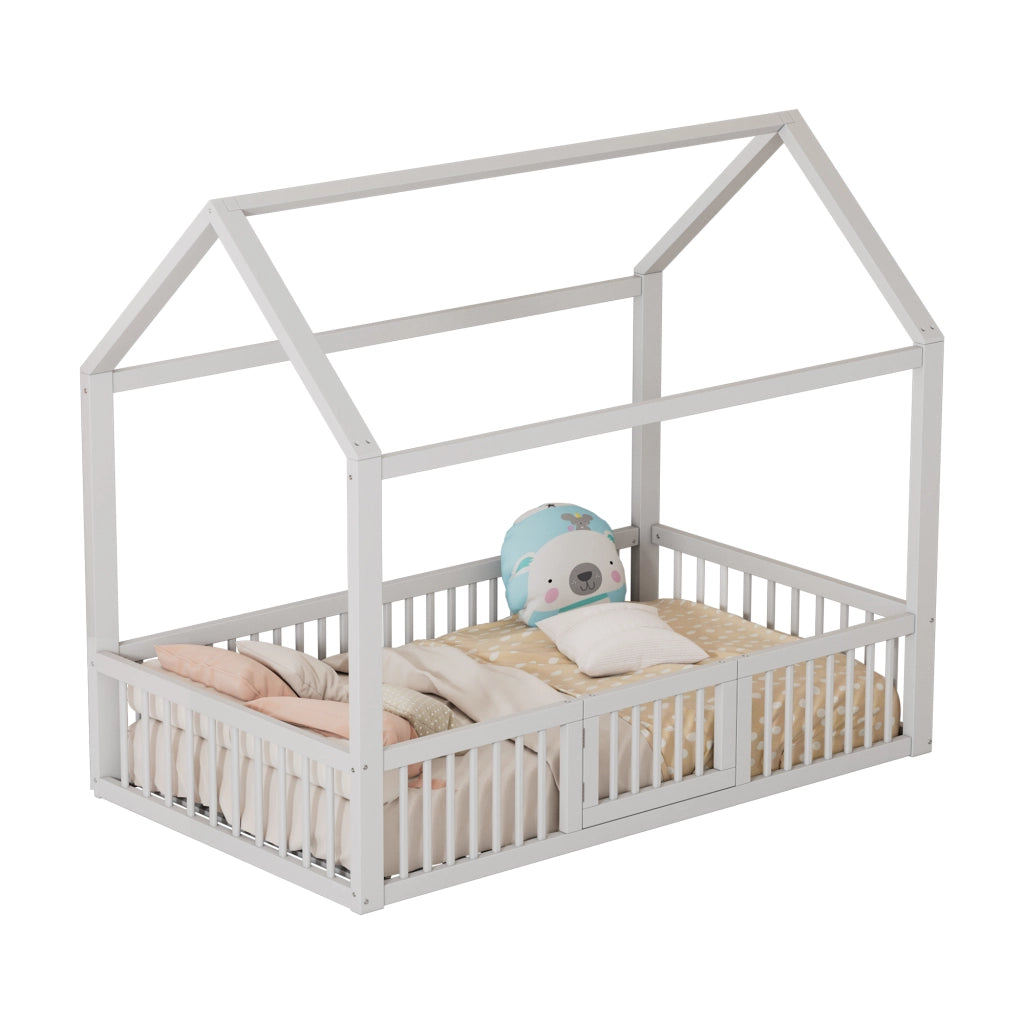 Letto a casa in pino bianco 90x200 cm con sportelli e rete di sicurezza