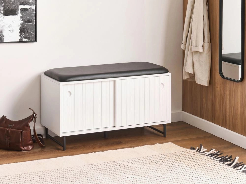 Mobile porta scarpe in MDF bianco a 2 scomparti con seduta imbottita e ante scorrevoli, design scandinavo, ingresso