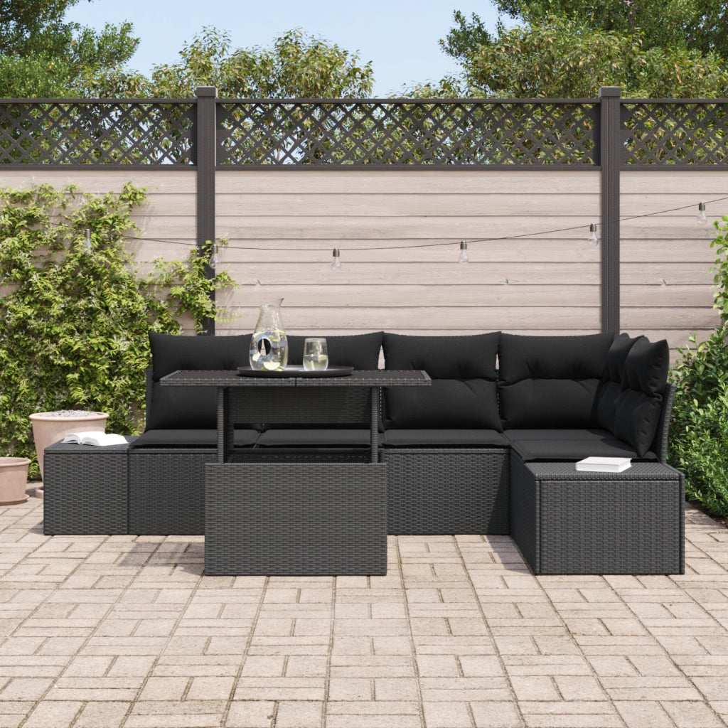 Set di divano da giardino 6 pezzi con cuscini Nero Polyrattan