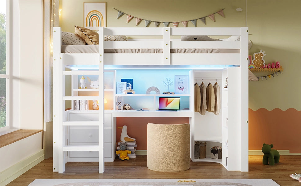 DESMIU Letto a soppalco per bambini 90 × 200 cm 1 posto con LED, armadio, scrivania e cassetti, senza materasso, bianco