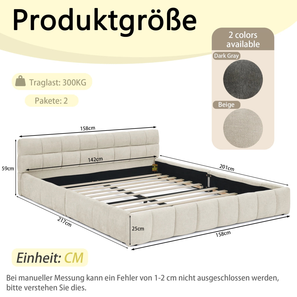 Letto Matrimoniale 140x200 cm in Chenille; Struttura in Legno e Ferro; Beige