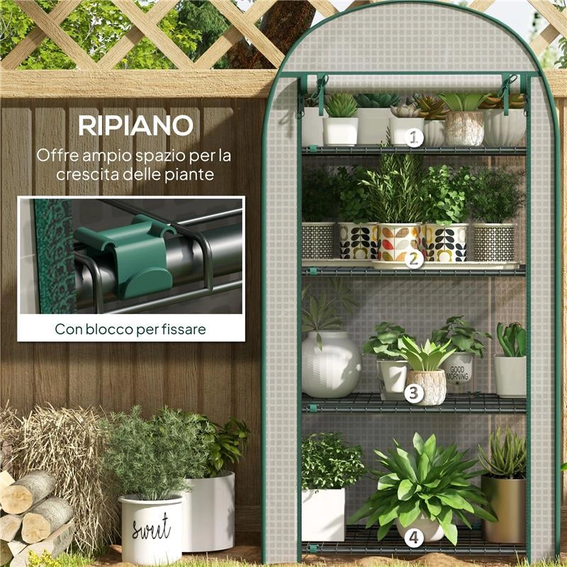SERRA DA GIARDINO VERTICALE CON 4 RIPIANI IN METALLO E COPERTURA IN PE, 80X50X160 CM, BIANCO