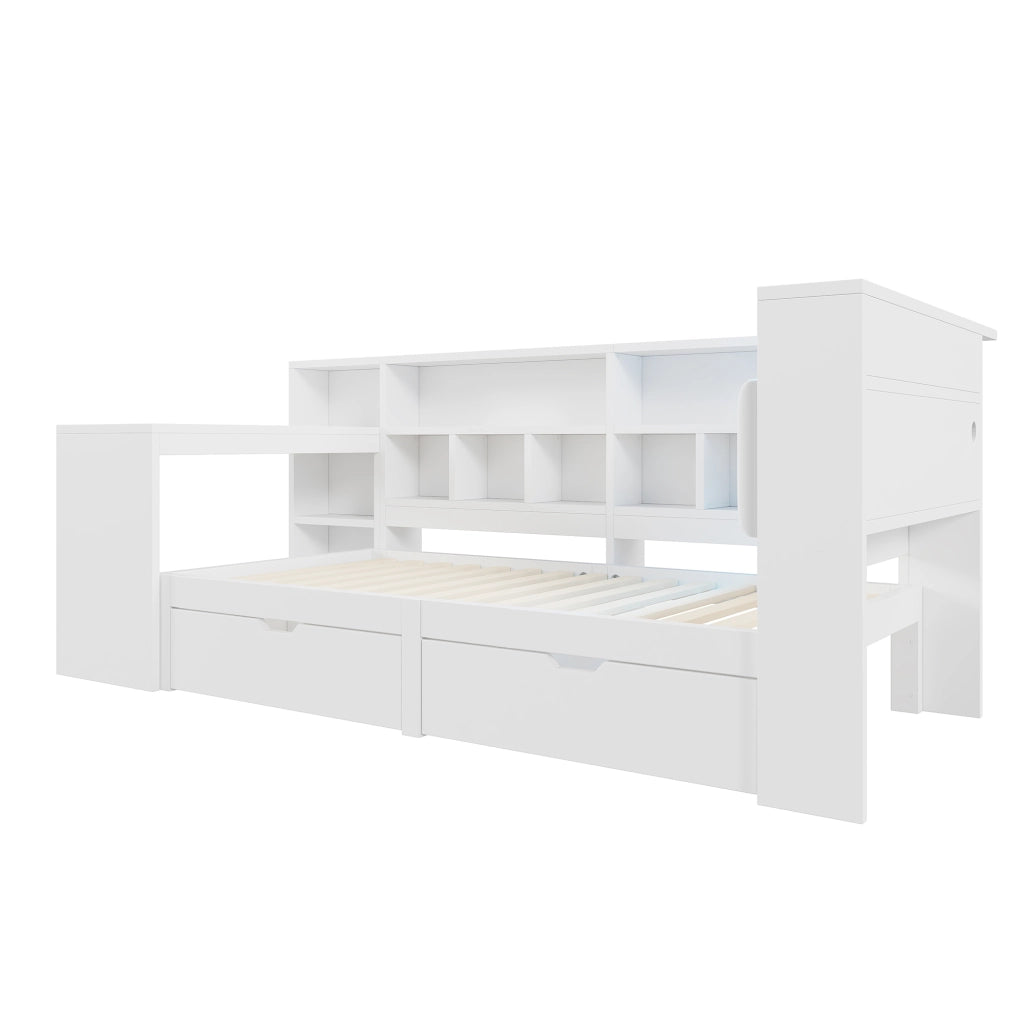 Letto angolare 90x200 cm con scrivania integrata; libreria e luci LED; bianco