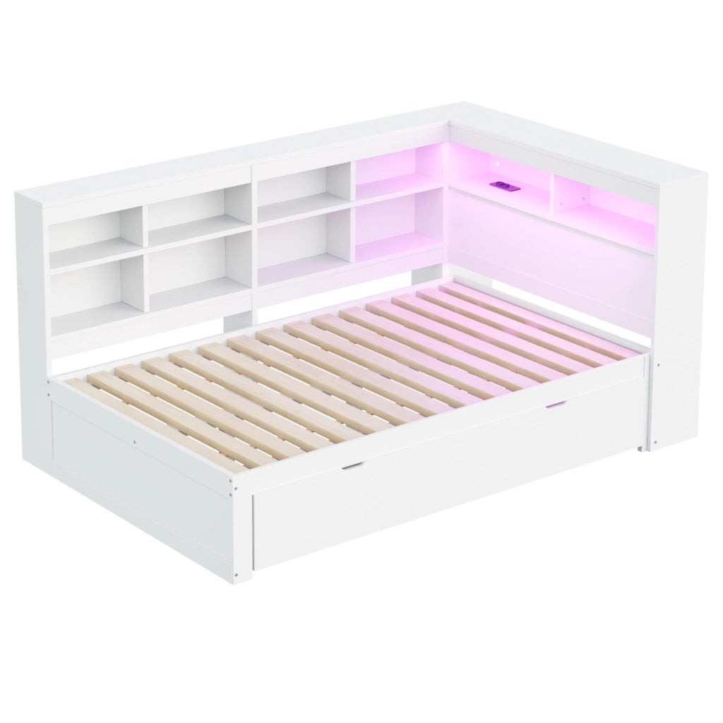 Divano letto matrimoniale 140x200 cm con USB; LED multicolore; cassetti e vani contenitore; legno bianco