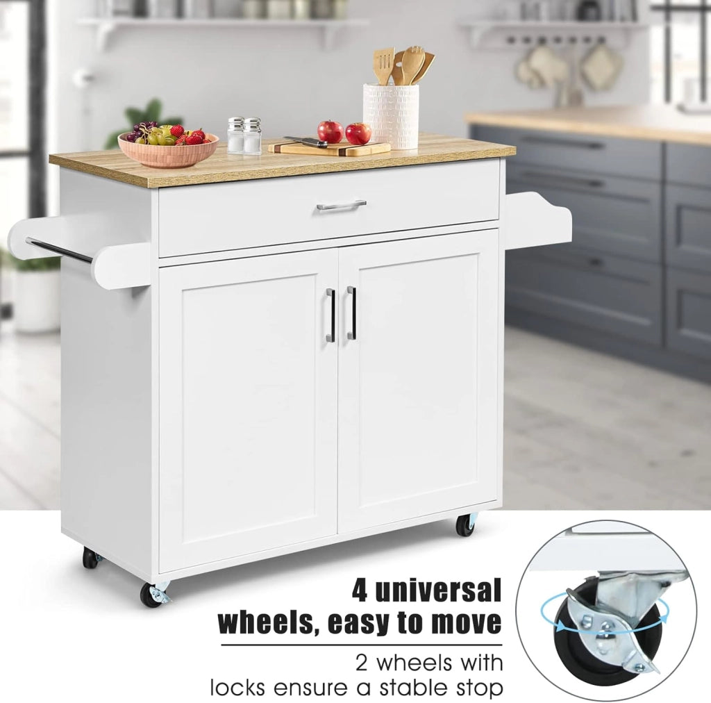 Carrello da Cucina, Credenza Mobile con Cassetto, Anta Doppia, Portaspezie e Portasciugamano, Ripiani Regolabili, Ruote con Freni, Portata di 50 kg, 116x40x85 cm, 4 Colori (bianco)