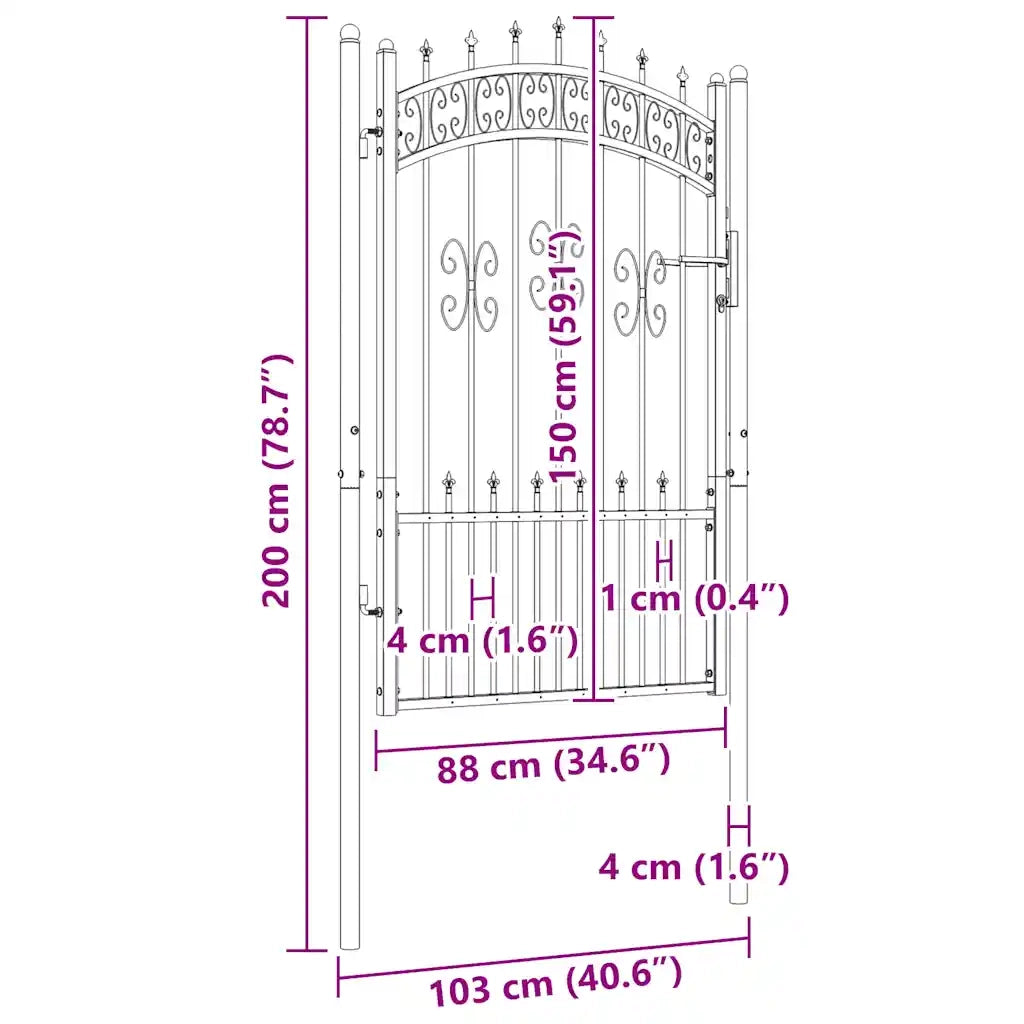Recinzione Cancello con Punta a Lancia Nera 103x200cm Acciaio cod mxl 42303
