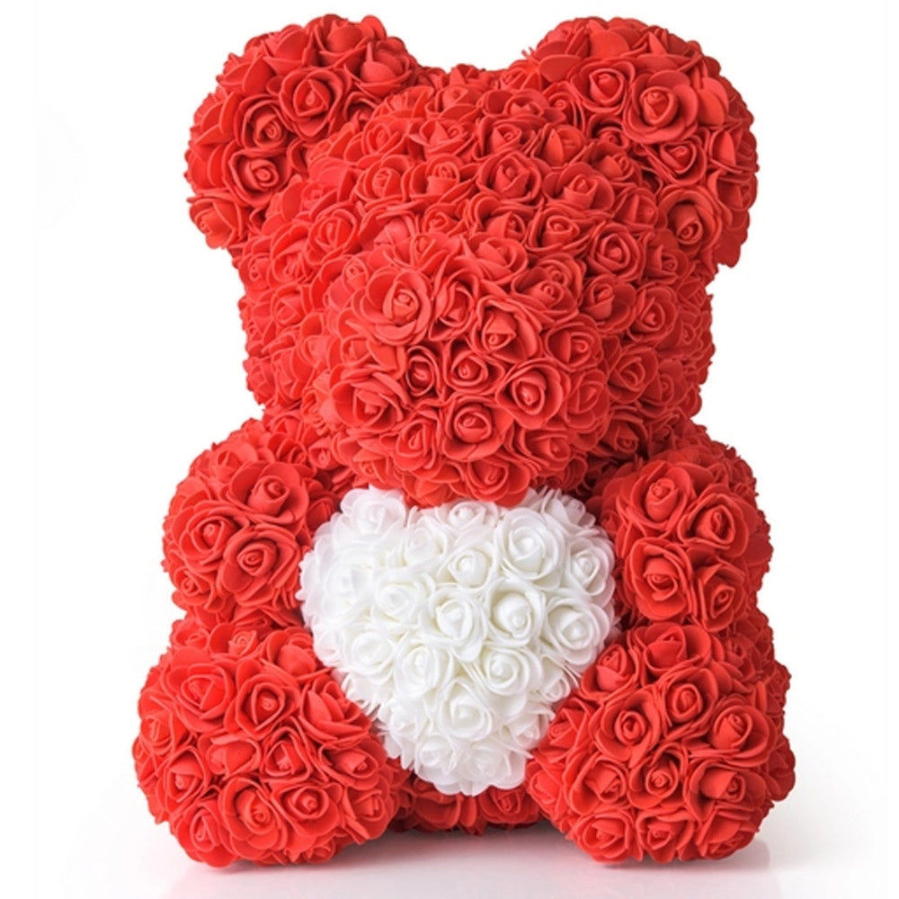 Trade Shop - Orsacchiotto Orsetto Orso Di Rose Con Fiori Da 40cm Rosso Con Cuore Bianco -