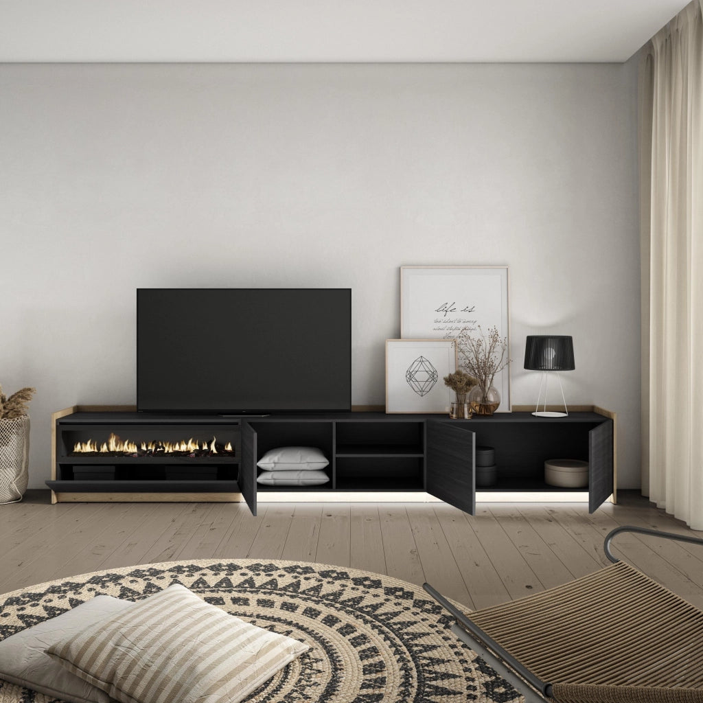 Mobile TV Soggiorno, 310x50x37 cm, Per TV fino a 80", Camino elettrico, LED, Nero e rovere