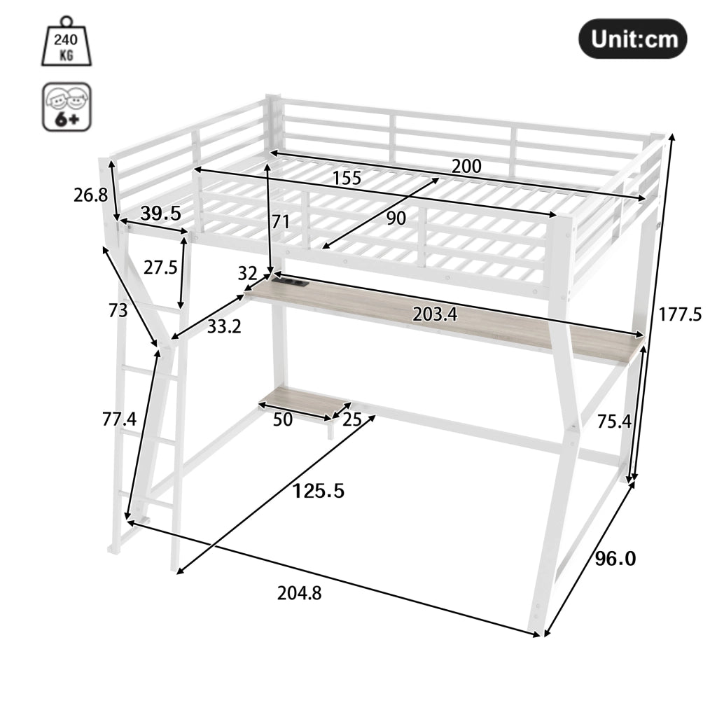 Letto a soppalco ULEVR 90x200 cm con scrivania, LED con telecomando, presa USB e scaletta, bianco