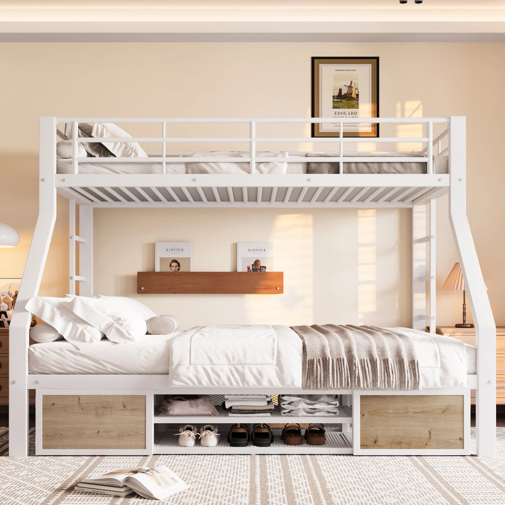 DESMIU Letto a castello per bambini 90 × 200 cm e 140 × 200 cm con scarpiera e vani, senza materasso, bianco