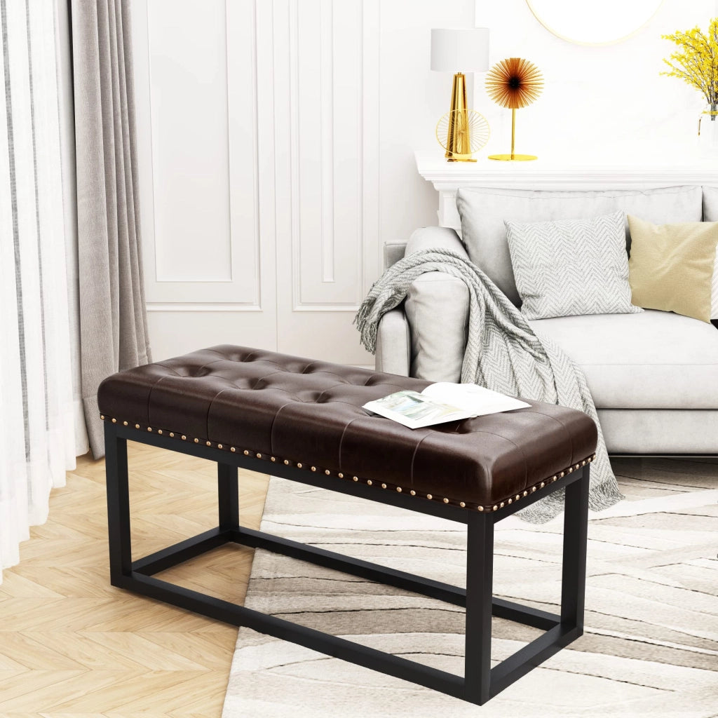 Panca Imbottita Vintage ¨C MINIMAL ¨C Similpelle Marrone, Struttura Metallo, 90x36