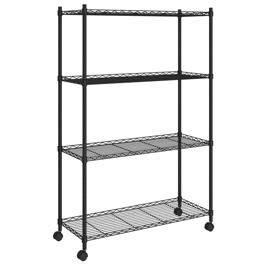 Scaffale portaoggetti per carichi pesanti per utensili da officina/garage 4 ripiani e ruote 90 x 35 x 137 cm nero capacità 200 kg 02_0000696