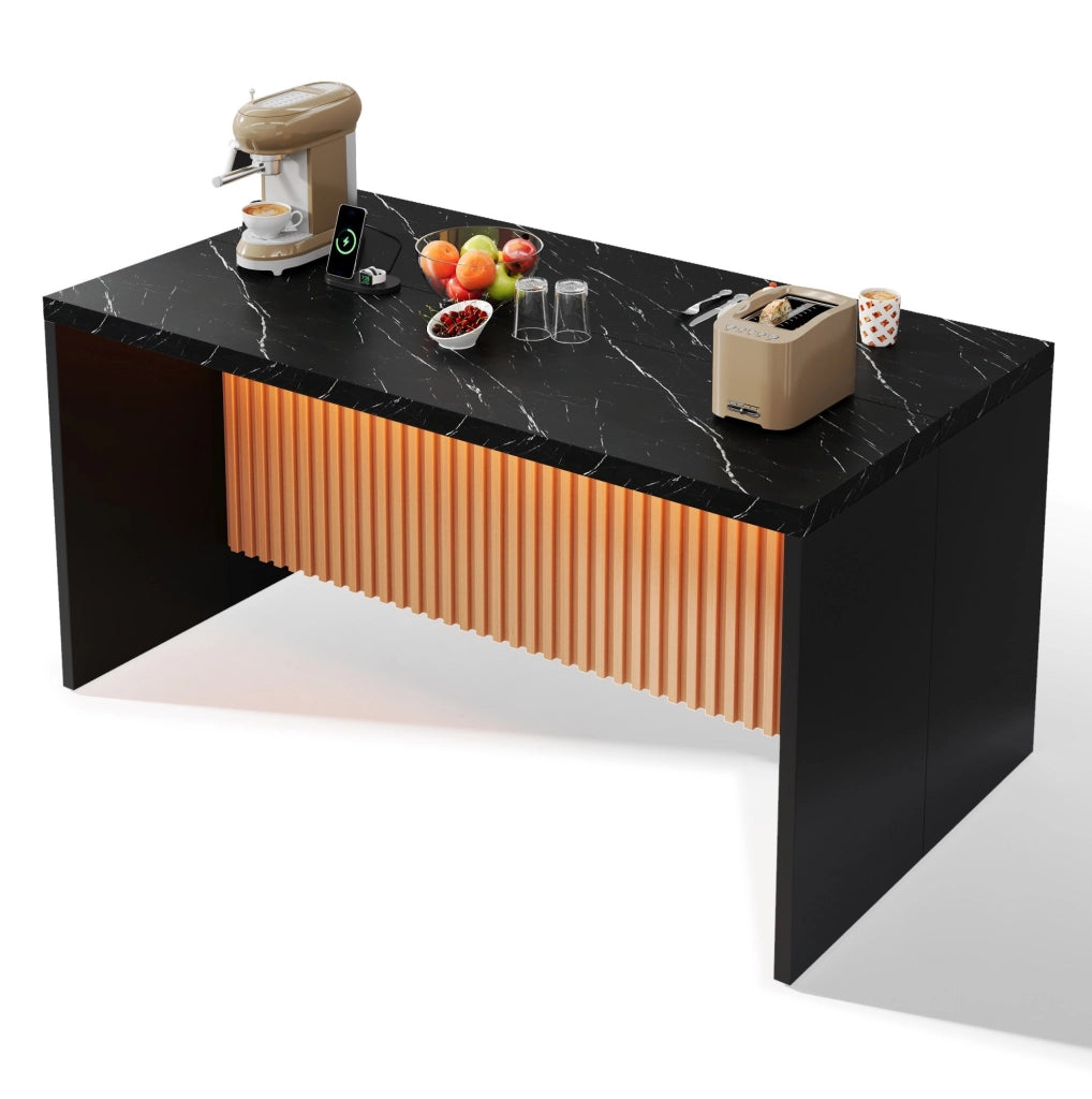 Isola cucina 155x80x90 cm effetto marmo nero con LED; prese elettriche e USB; in MDF