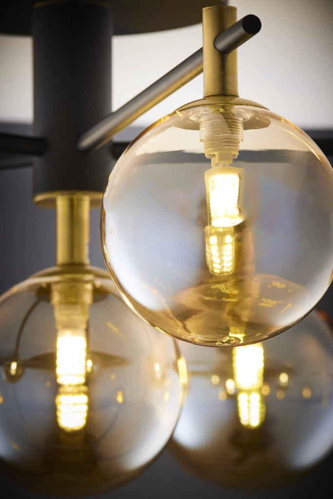 Plafoniera FIGARO Jupiter nera oro, 6 sfere ambra G9