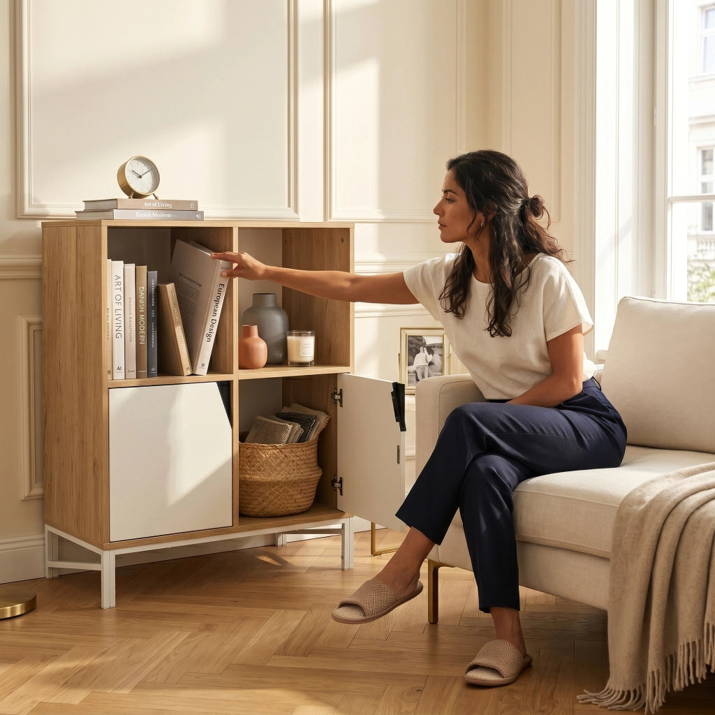 Mobile Contenitore Kerrköndam Comò con 2 Ante e 2 Vani Aperti 94 x 76 x 40 cm - Effetto Rovere/Bianco [en.casa]