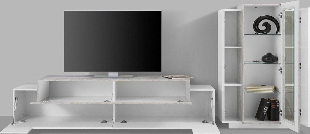 Parete Attrezzata Soggiorno Porta TV 200x45x51,6 cm con Vetrina Coro Bianco Lucido e Cemento