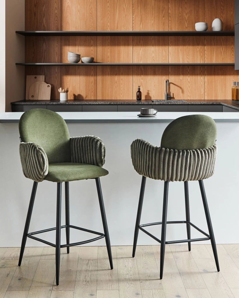 Set di 2 sedie da pranzo in tessuto verde stile retrò seduta rotonda