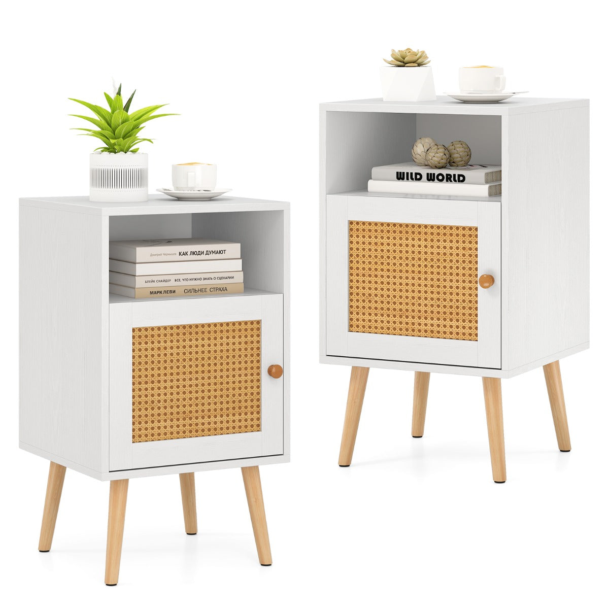 Set di 2 comodini in rattan con spazio di archiviazione, Tavolini con mensola aperta e porta decorata in rattan PE Bianco-Comodini