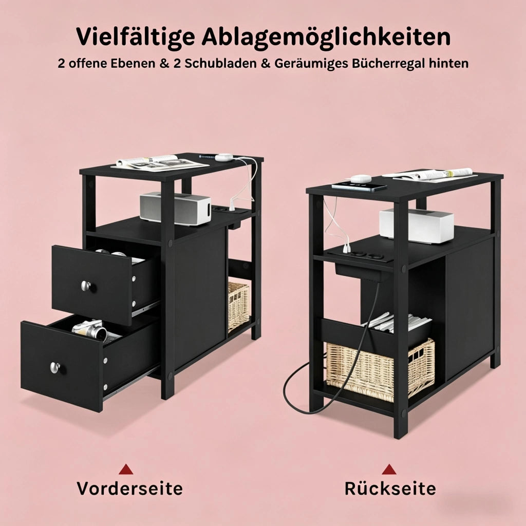 Tavolino basso con 2 cassetti e 2 vani aperti, prese di corrente e USB, per soggiorno e camera da letto, nero, 60 × 60 × 30 cm