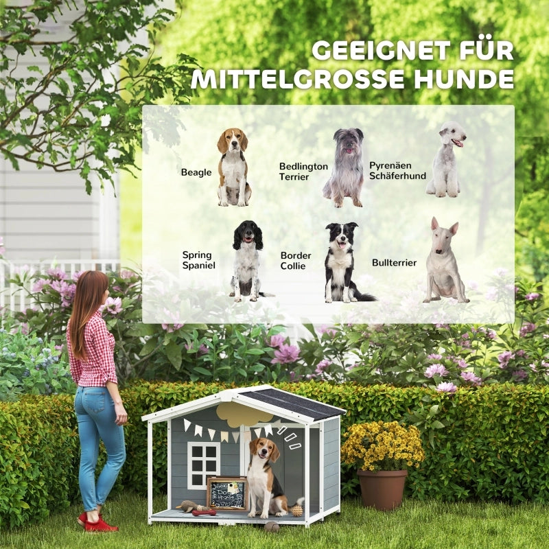 Cuccia per cani da esterno in legno con tetto in asfalto, terrazza, grigia, 103x107x83,5 cm
