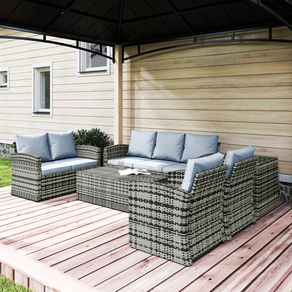 Set da Esterno 6 Pezzi con 2 Tavolini Contenitore 2 Divani e 2 Poltrone in Rattan e Acciaio Grigio