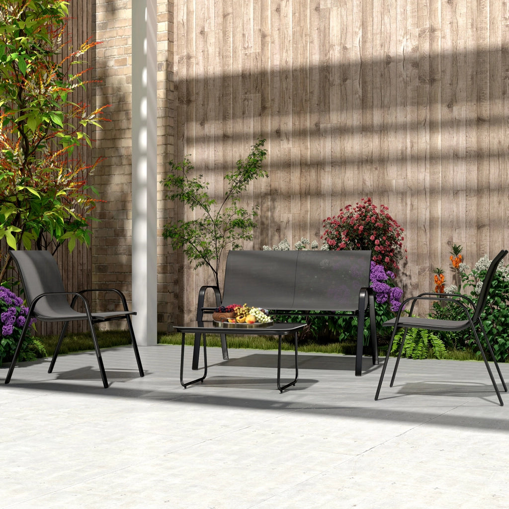 Set da Giardino con Divano 2 Poltrone Impilabili e Tavolino in Vetro Nero