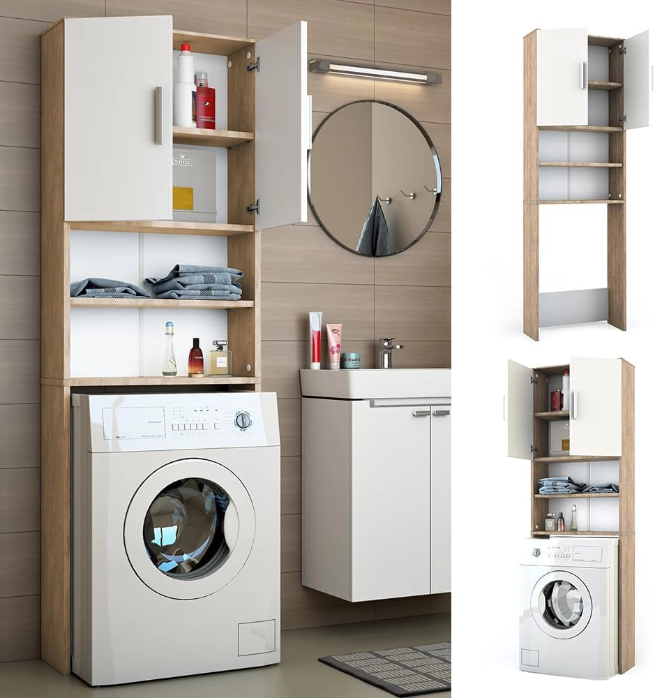 Mobile lavatrice, Bianco/Sonoma, 64 x 190 cm, adatto per la conservazione di detersivo e accessori