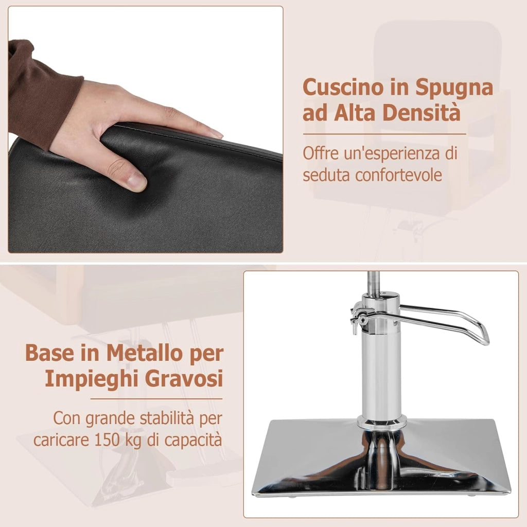 Poltrona da Barbiere, Sedia da Barbiere Girevole a 360°, Regolabile in Altezza 50-65 cm, con Braccioli in Legno Massello, Portata 250 kg