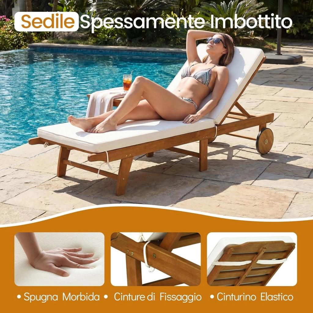 Lettino Prendisole Pieghevole, Lettino da Giardino in Legno di Eucalipto con Ruote e Cuscino, Schienale Regolabile 6 Posizioni, Tessuto Senza Fluoro, per Piscina e Spiaggia, Portata 160 kg (2)