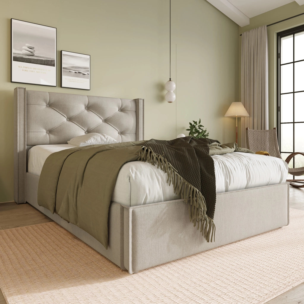 Letto Contenitore 90 x 200 cm; Testiera Trapuntata e Rete Sollevabile - Grigio Chiaro