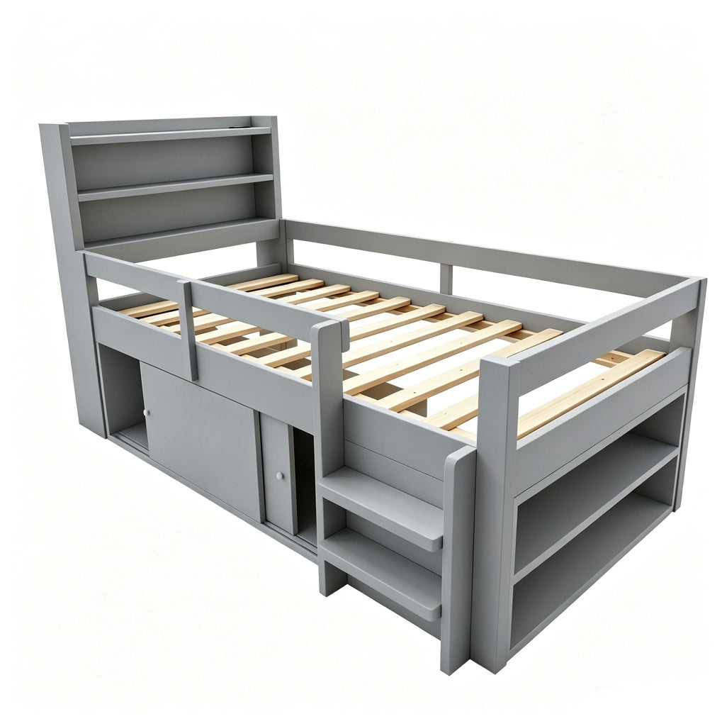 Letto multifunzione per bambini 90x200 cm in legno grigio con ripiani; LED e USB