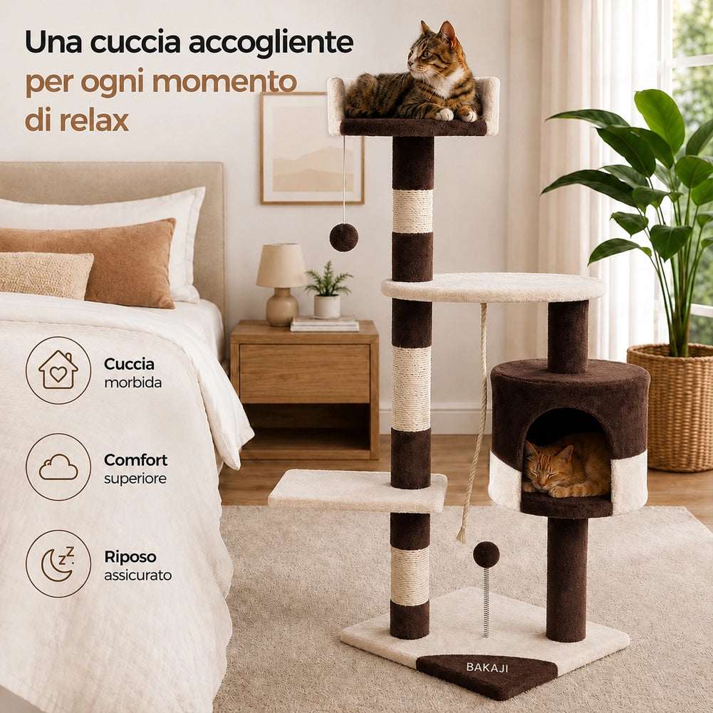 Albero Tiragraffi Gatti Parco Giochi Cuccia Graffiatoio gatto 112cm Marrone Crem