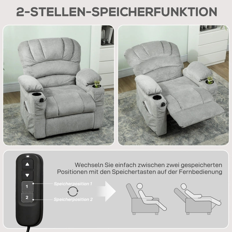 Poltrona relax elettrica con funzione reclinabile, memoria, USB, portabicchieri e tasche laterali in poliestere grigio