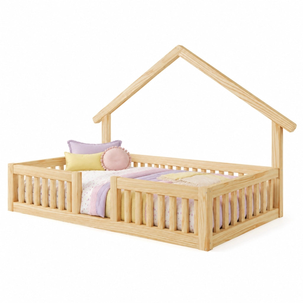 Letto Casetta 90x200 cm, 1 Posto - con Sponde di Sicurezza e LED - in Legno - Naturale